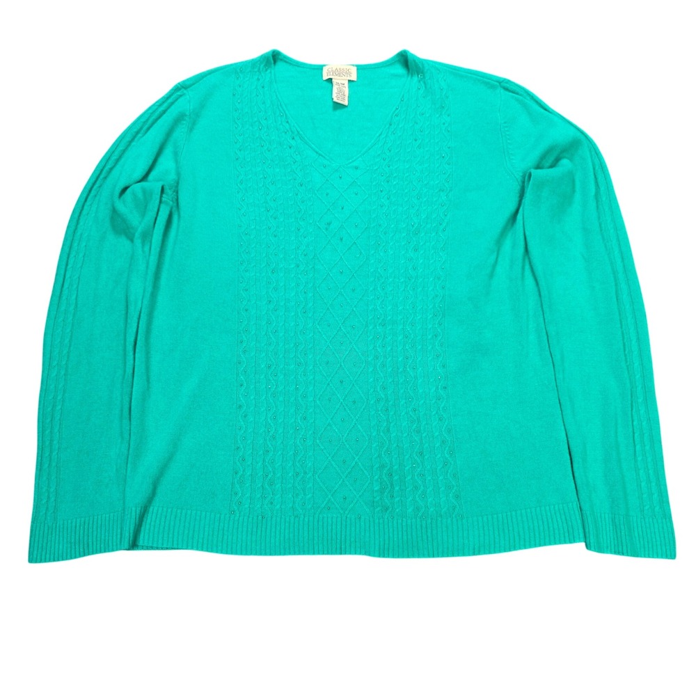 Classic Elements Cable Knit Beaded Sweater Women's Size M Teal Green V-Neck VTG